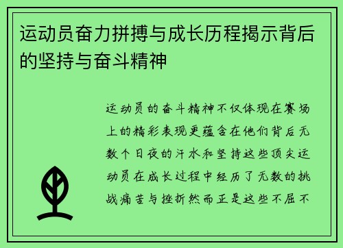 运动员奋力拼搏与成长历程揭示背后的坚持与奋斗精神